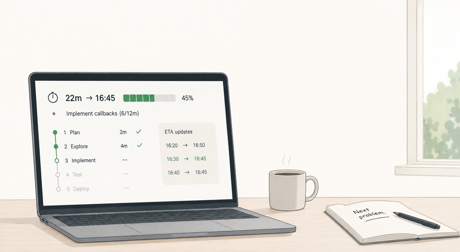 A laptop showing claudestimate's ETA — away until 16:45 — beside a coffee and a notebook that reads 'Next problem.'