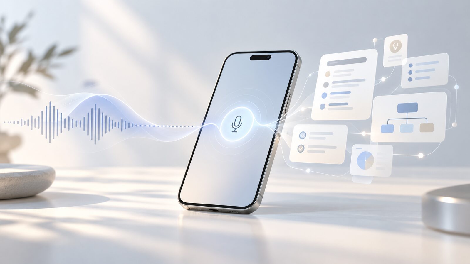 An iPhone on a desk: a sound wave flows into it and comes out the other side as note cards, a checklist and a diagram