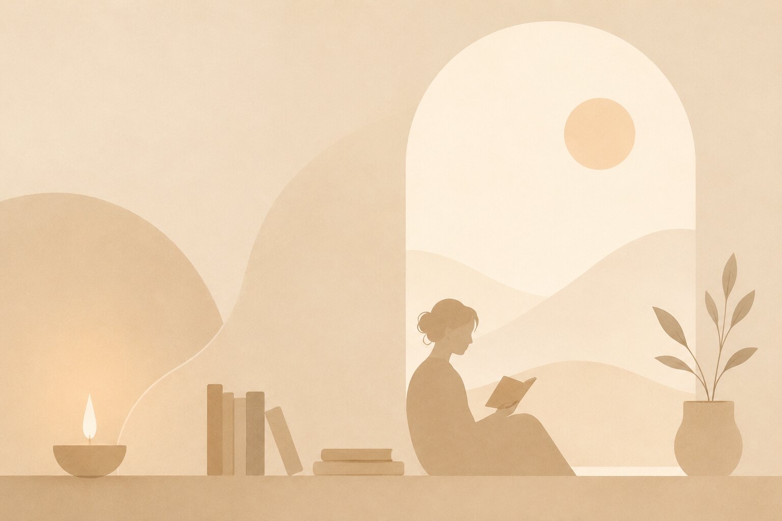 A minimal illustration of a person reading by an arched window, a lit candle and a small stack of books beside them