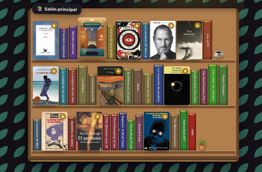 A ReadIt bookshelf, the 'Salón principal', with rows of book spines you flip to reveal each cover